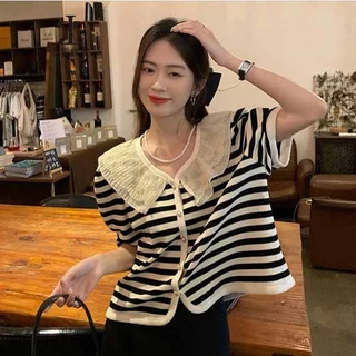 Áo cardigan ZHELIHANGFEI dệt kim tay ngắn dáng rộng cổ búp bê kẻ sọc dễ phối đồ