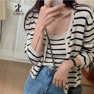 Set áo cardigan và áo hai dây ZHELIHANGFEI dệt kim kẻ sọc phong cách retro