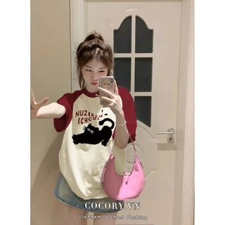 Cocorygirl Thời trang Hàn Quốc Raglan "Cat" In hình dáng rộng Áo thun ngắn tay Top Quần áo nữ