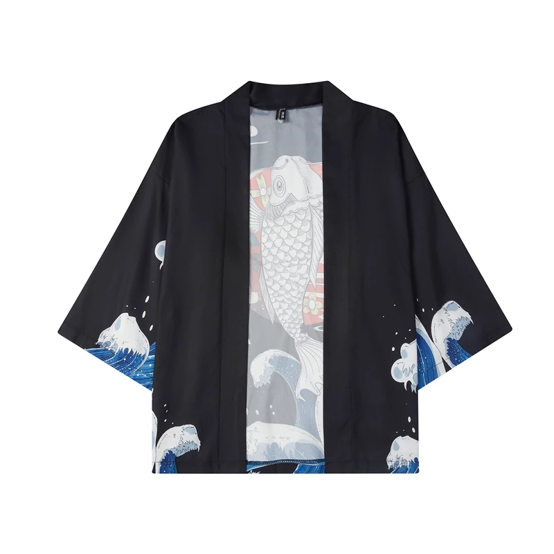 Phong Cách Dân Tộc Rời Cá Koi In Hình Áo Sơ Mi Tay Ba Phần Tư Phong Cách Trung Hoa Yếu Tố Retro Đạo Giáo Áo Khoác Kimono Phong Cách Nhật Bản Nam Cải Tiến Hanfu Tang Phù Hợp Với Tay Giữa Kimono Ba Phần Tư Áo Cardigan Nhật Bản