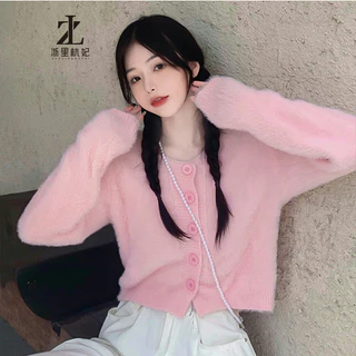 ZHELIHANGFEI Áo Khoác Cardigan Dệt Kim Mềm Dáng Ngắn Màu Hồng Thời Trang Mùa Thu 2022