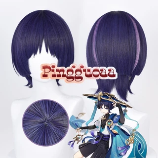 Genshin Impact Scaramouche Cosplay Tóc Giả 35cm Xanh Tím Đen Chịu Nhiệt Tổng Hợp Tóc Giả