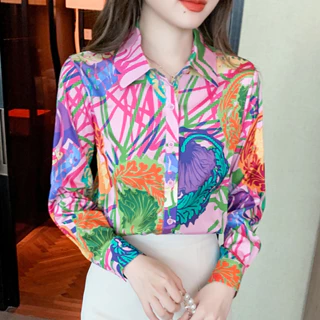 Nữ Phong Cách Mới In Hoa Áo Sơ Mi Dài Tay Mùa Hè Thường Ngày Rời Ve Áo Sơ Mi Phù Hợp Với Retro Top Thời Trang Quần Áo Nữ