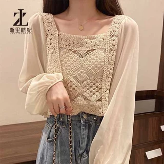 Áo croptop ZHELIHANGFEI vải voan tay dài phồng cổ vuông thời trang thanh lịch dành cho nữ