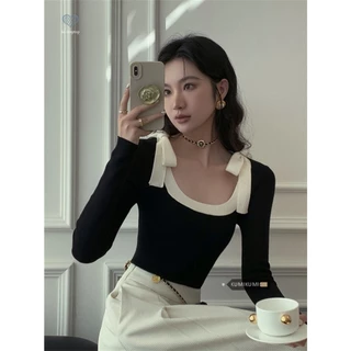 kumikumi Áo sweater Dệt Kim Đính Nơ Bướm Phong Cách Pháp Thời Trang Thu Đông Cho Nữ