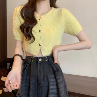 Áo len dệt kim nữ Áo thun ngắn tay Midriff-baring Giả Mink Màu trơn Croptop