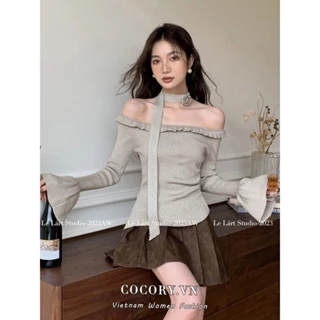 Cocorygirl Áo sweater Dệt Kim Trễ Vai Tay Loe Dài Dáng Ôm Phong Cách Pháp Thời Trang Cho Nữ y2k