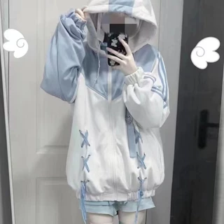 Áo khoác Anime Nhật Bản Màu Nước Có Mũ Trùm Đầu Mỏng Rời Zip Hoodie Subculture Y2k