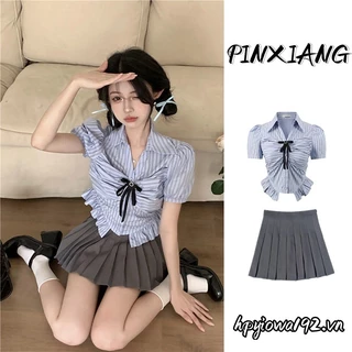 Pinxiang Áo sơ mi xếp li nơ ngọt ngào mới dành cho nữ phong cách thuần khiết ham muốn váy xếp ly mỏng bộ hai mảnh