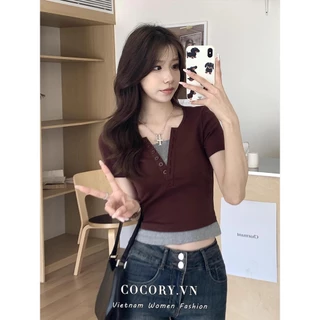 Cocorygirl Phong Cách Hàn Quốc Quần Áo Nữ Thời Trang Slim Fit Cổ Chữ V Bảng Điều Khiển Áo Thun Tay Ngắn Thường Ngày Tối Giản Hàng Đầu