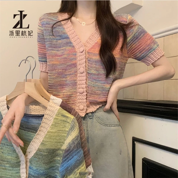 ZHELIHANGFEI Áo sweater Ngắn Tay Cổ Chữ v Màu Nhuộm Tương Phản Phong Cách Thời Trang Cho Nữ