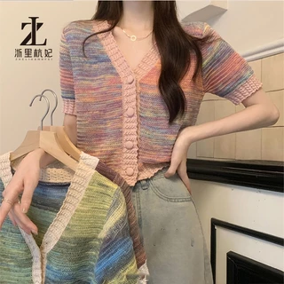 ZHELIHANGFEI Áo sweater Ngắn Tay Cổ Chữ v Màu Nhuộm Tương Phản Phong Cách Thời Trang Cho Nữ