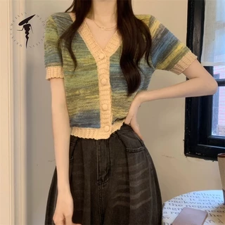 MeiXueMeiLin Áo sweater Ngắn Tay Cổ Chữ v Màu Nhuộm Tương Phản Phong Cách Thời Trang Cho Nữ