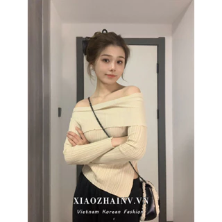 Xiaozhainv Áo Sweater Dệt Kim Trễ Vai Tay Dài Xẻ Tà Kiểu Hàn Quốc Gợi Cảm Cho Nữ