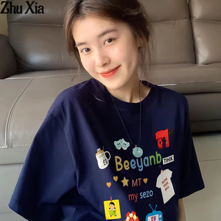 Zhu Xia Áo Thun cotton Ngắn Tay In Chữ Màu Xanh Dương Tương Phản Phong Cách Hàn Quốc Cho Nữ