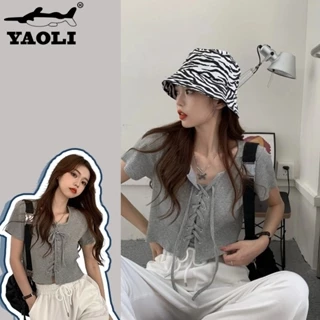 Áo thun nữ YAOLI kiểu Pháp cổ vuông đeo vai thiết kế mùa hè áo giảm béo ngắn