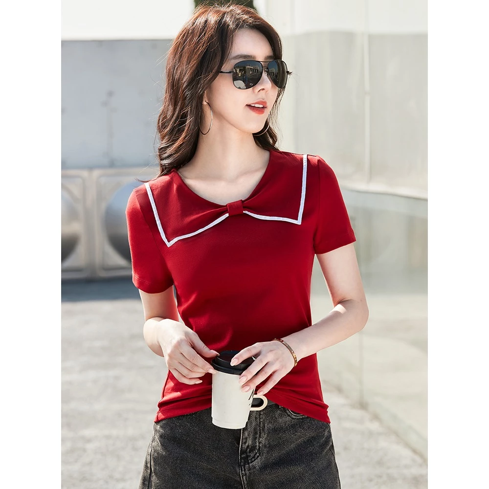 Tay Ngắn Nữ Phong Cách Preppy Cổ Nơ Phiên Bản Hàn Quốc Mỏng Phù Hợp Với Tính Khí Mùa Hè Phong Cách Mới Nữ