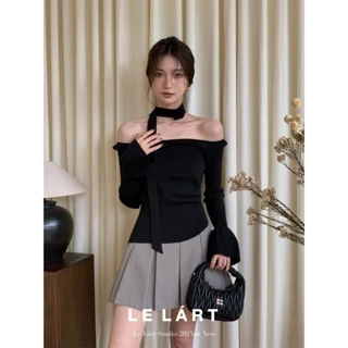 QADCOL Áo sweater Dệt Kim Trễ Vai Phối Bèo Màu Đen Phong Cách Hàn Quốc Thời Trang Mùa Thu Cho Nữ