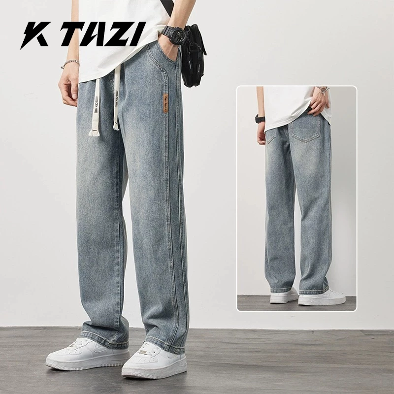 K Tazi Quần jean baggy nam Xanh retro ống rộng xuông cạp cao Quần bò nam dáng suông