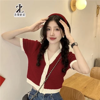 ZHELIHANGFEI Áo cardigan dệt kim ngắn tay cổ chữ V phong cách Hàn Quốc thời trang 2024 cho nữ