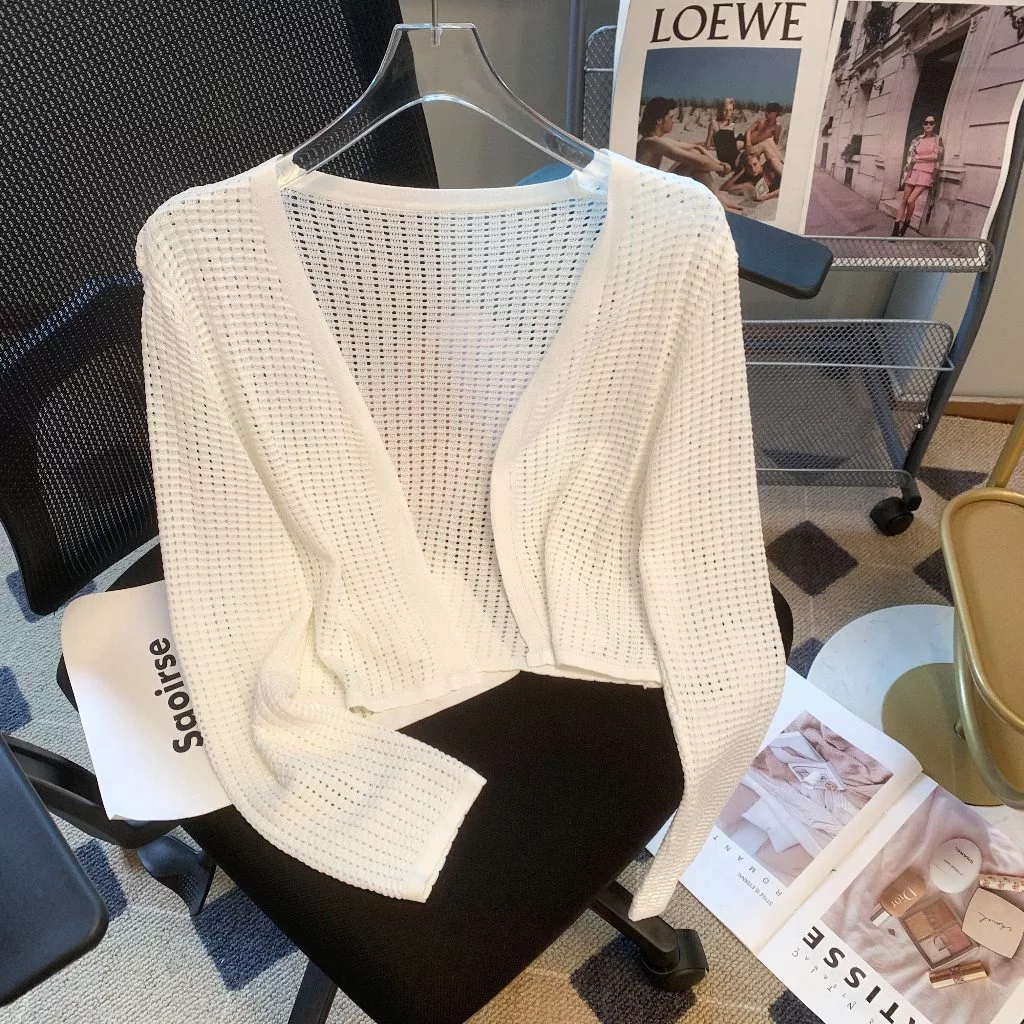 YAYUAN Dài tay đan cardigan nữ ngắn màu trắng