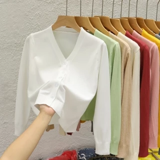 Áo khoác Cardigan dệt kim ngắn cổ chữ V dành cho nữ Áo len ngoài màu đen dài tay đáy áo sơ mi hàng đầu