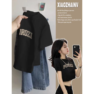 Xiaozhainv Áo Thun crop top Tay Ngắn Cổ Tròn In Họa Tiết Thời Trang Hàn Quốc Cho Nữ