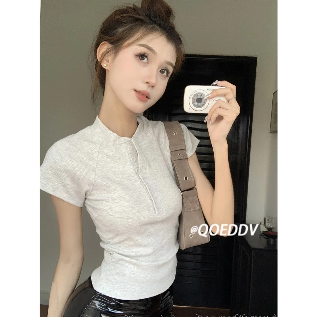 Áo thun ngắn tay cổ điển kiểu Mỹ dành cho nữ thiết kế mùa hè thon gọn hot girl croptop