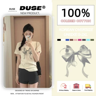 「DUSE」Áo thun ngắn tay in hình bướm cổ tròn thời trang Hàn Quốc quần áo nữ thon gọn Y2K Top