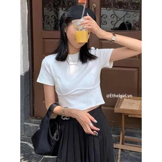 Ethelgirl 4 Màu Hàn Quốc Quần Áo Nữ Cổ Tròn Chắc Chắn thon gọn vừa vặn Áo Thun Tay Ngắn Croptop