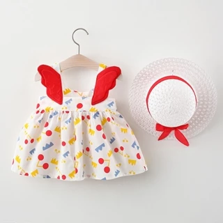 Bé Gái Anh Đào Sling Đầm Dễ Thương Đôi Cánh Thiên Thần Dây Đeo Đầm Trang Phục Vải Cotton Mềm Mại Handfeel Cho Trẻ Em Gửi Mũ