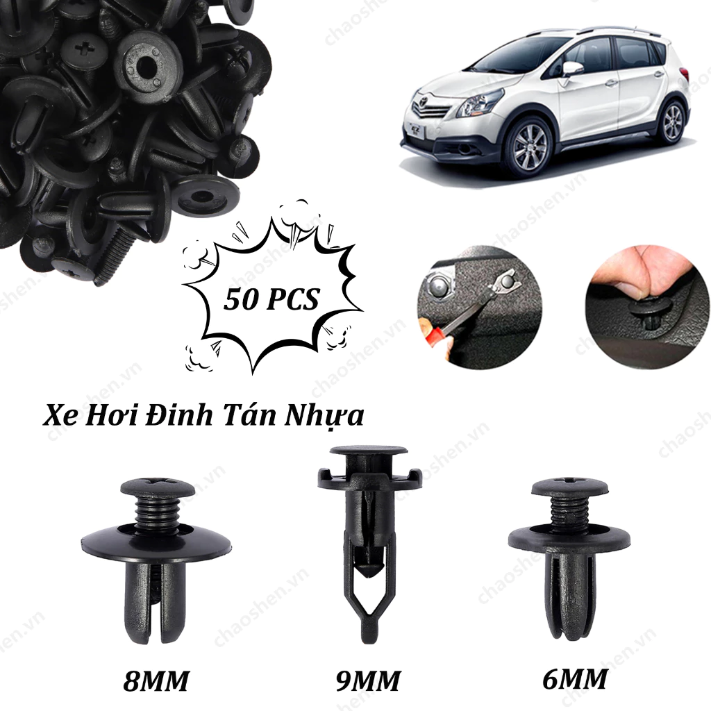 Set 50 Đinh Tán Nhựa 6mm 8mm 9mm Phụ Tùng Cho Xe Ô Tô