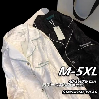 M-5xl Đen Trắng Plus Kích Thước Bộ Đồ Ngủ Nữ 2024 Dài Tay Jacquard Băng Lụa Cardigan Quần Dài Bộ Đồ Ngủ Satin Baju Tidur Wanita