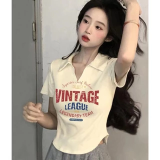 Cổ Áo Polo Tay Ngắn Vai Slim-Fit Áo Thun Nữ Mùa Hè Mỏng Hơn Nhìn Ngắn Hơi Béo Mỹ Hot Girl Top