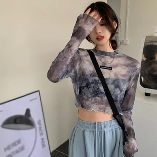 Áo Crop Top nữ phong cách cổ điển Hàn Quốc Tie-Dye mỏng thoáng khí lộ rốn cổ tròn lưới áo thun dài tay hàng đầu