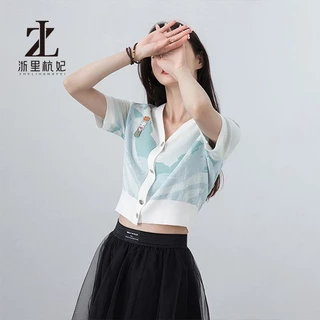 Áo cardigan ZHELIHANGFEI tay ngắn họa tiết thêu cao cấp thời trang