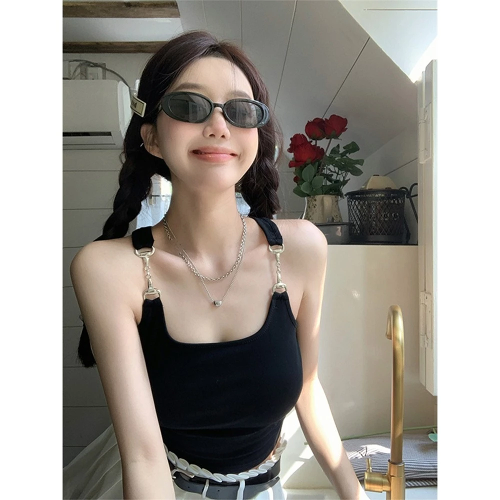 Áo Crop Top không tay màu đen chất lượng cao, thiết kế sành điệu cho nữ, thời trang mùa hè