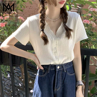 AMANDA Thanh lịch áo sơ mi nữ áo sơ mi croptop áo sơ mi nữ tay ngắn áo sơ mi trắng nữ sơ mi trắng nữ áo sơ mi đen nữ áo sơ mi tay phồng