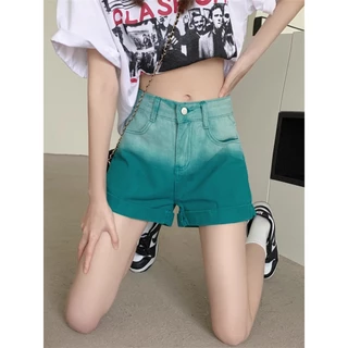 QKOOLE Phụ Nữ Mới Màu Xanh Gradient Cao Cấp Quần Short Ngắn Vừa vặn Retro Nút Thẳng Dây Kéo Quần Short Dành Cho Nữ