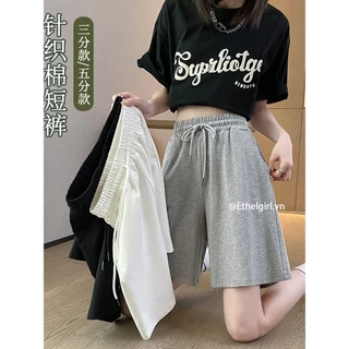 Ethelgirl 3 màu Quần áo nữ Hàn Quốc eo cao dây rút dáng rộng thẳng Quần short thể thao quần ống rộng thông thường