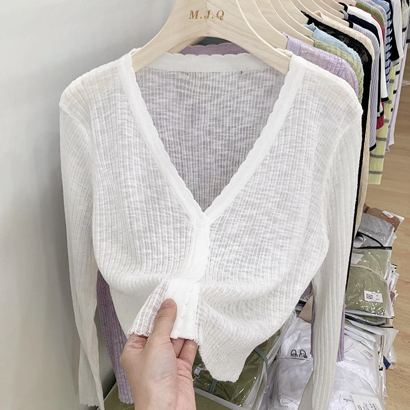 YAYUAN Ngắn đan cardigan nữ dài tay áo trắng