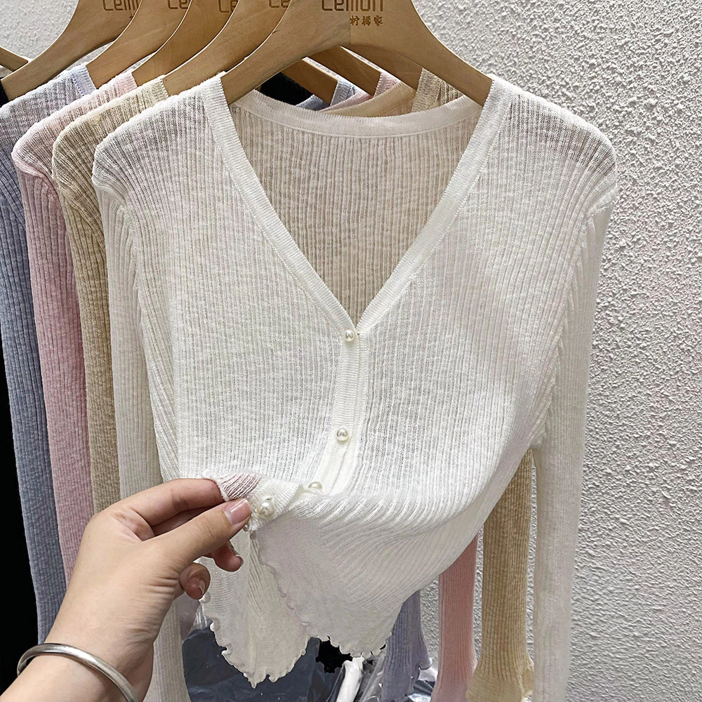 YAYUAN Ngắn đan cardigan nữ V cổ lỏng lẻo màu trắng