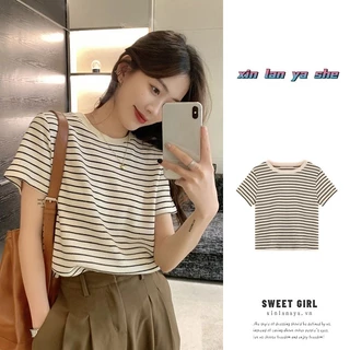 Xin LAN YA SHE Nữ Retro Sọc Tay Ngắn Cổ Tròn Đáy Rời Thường Ngày Top