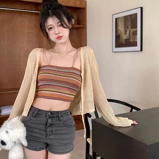 Áo hai dây nữ Hàn Quốc giản dị Retro Thiết kế sọc cầu vồng mỏng dệt kim Áo Vest không tay Croptop