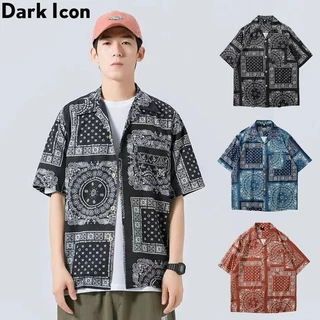 Áo Sơ Mi In Biểu Tượng Bandana Màu Tối Phong Cách Hawaii Cổ Điển Cho Nam