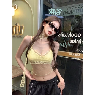 【COLORBLLIND】Nơ Ren Camisole Chấm Bi Mỏng Hơn Nhìn Bên Trong Top