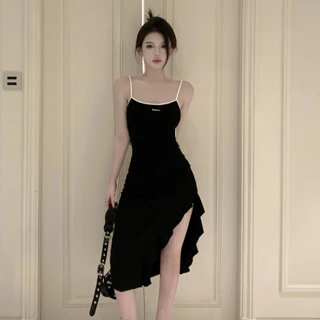 Phiên Bản Hàn Quốc Thể Thao Thông Thường Gợi Cảm Suspender Váy Dài Nữ Slim-fit Hẹp Co Giãn Giữa Chiều Dài Chia Ba Lô Hi