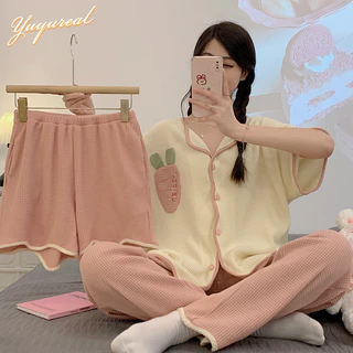 Yuyureal Bộ Đồ Ngủ Cotton Nữ Mỏng Rời Bộ Đồ Ba Mảnh Có Thể Mặc Bên Ngoài Quần Áo Gia Đình Mùa hè Phong Cách Mới Waffle Series