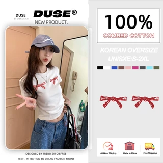 「DUSE」Áo thun ngắn tay in nơ cổ tròn thời trang Hàn Quốc quần áo nữ mỏng Y2K Croptop