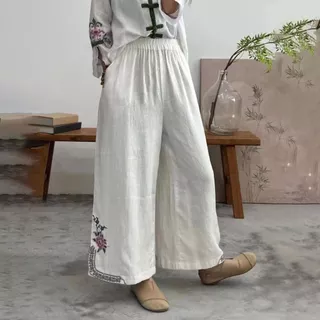 Retro cotton và vải lanh bên trong viền quần ống rộng thêu nữ phong cách xuân hè văn học dáng rộng và đa năng thon gọn